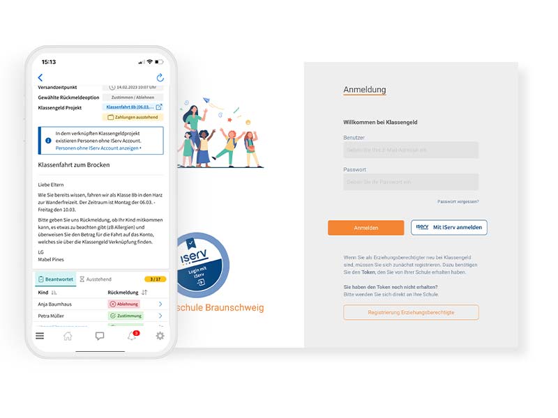 Ein weißes Smartphone in dem die IServ Schulplattform zu sehen ist im Modul Klassengeld. Daneben die Anmeldemaske von Klassengeld.