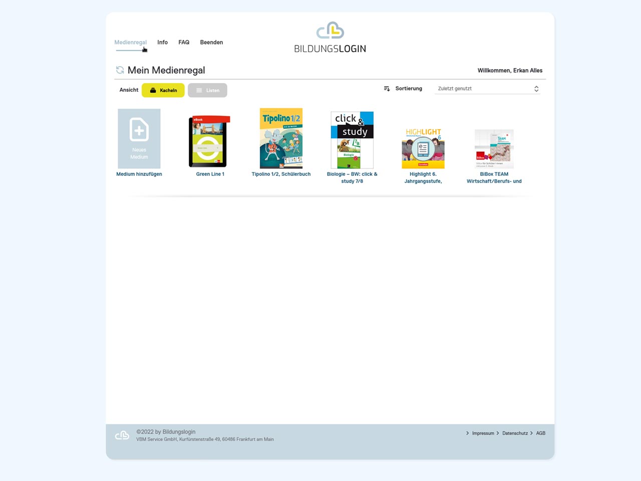Oberfläche von Bildungslogin mit dem Medienregal und diversen Medien.
